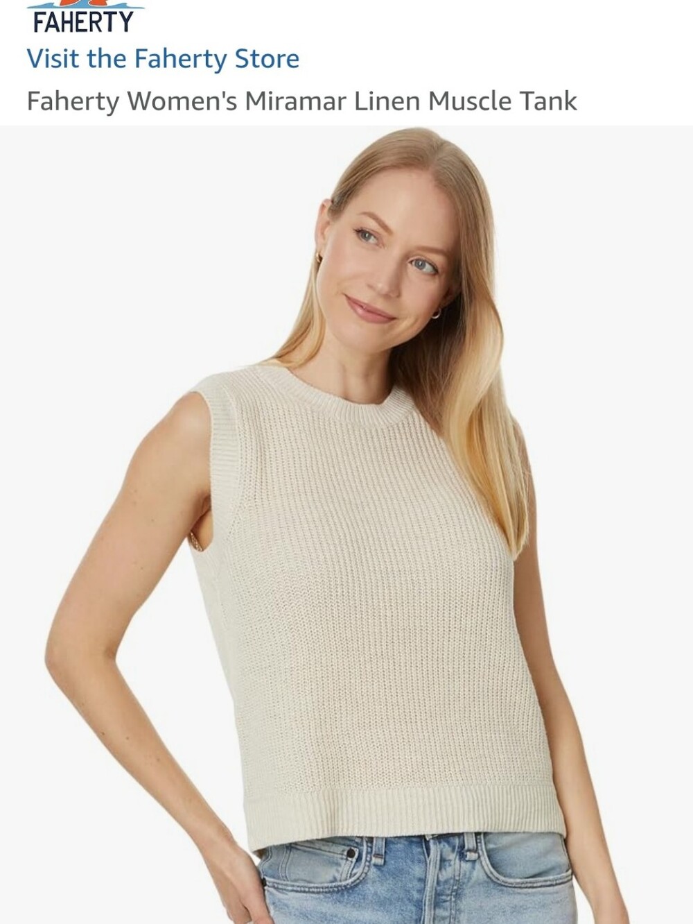 Faherty Knit Sleeveless Tank in Light Cream Linen & Organic Cotton